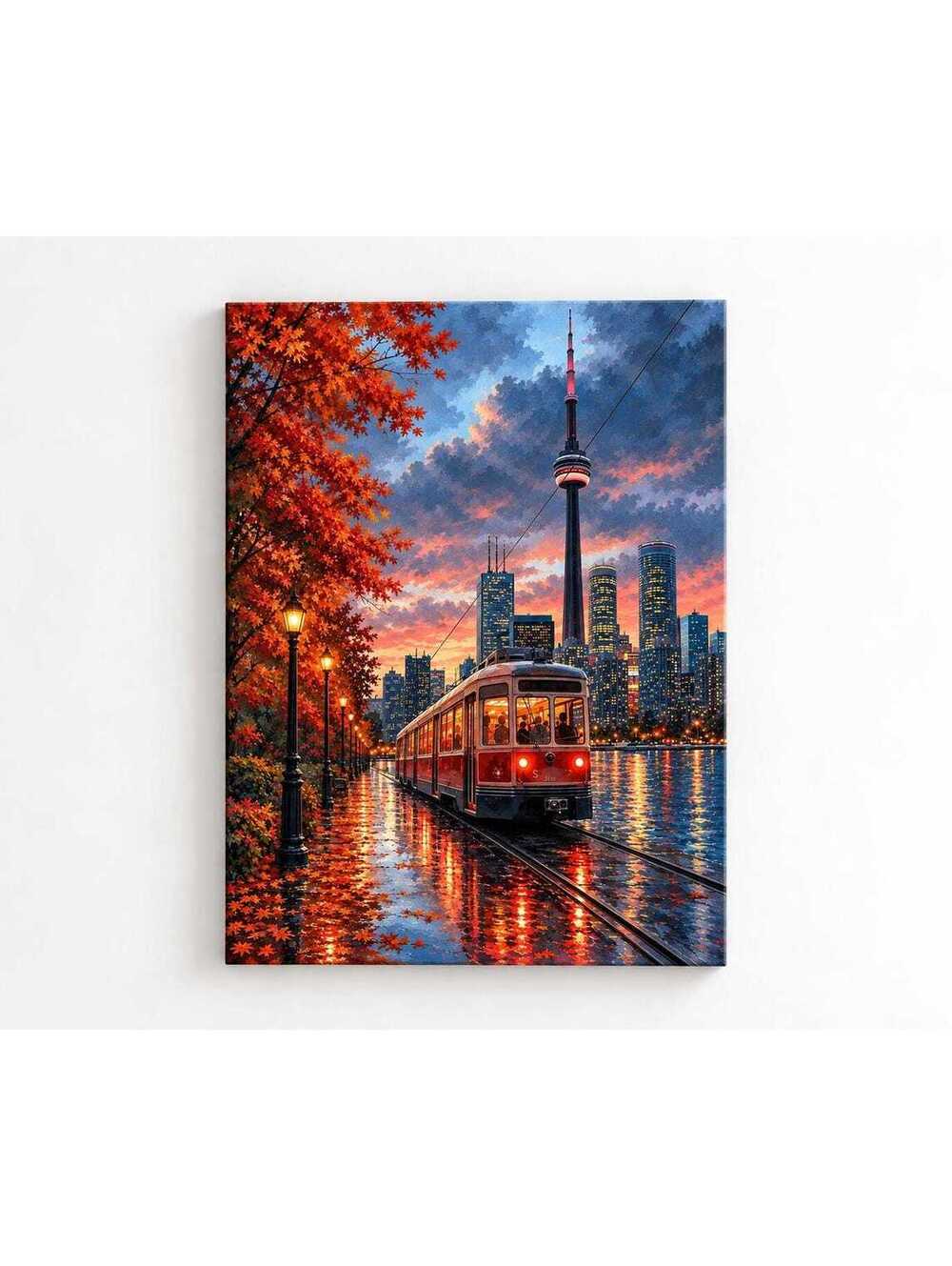 Toronto Streetcar Canvas Art, CN Tower, Autumn Cityscape (15x20 in)